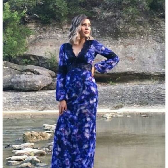 Badgley Mischka Bethany Gown Size 0 Blue Black Long Sleeve Lace Maxi Dress - Picture 7 of 9